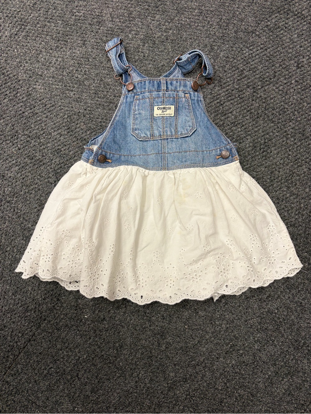 Oshkosh B'gosh girls white denim overall dress eyelet size 18-24 months